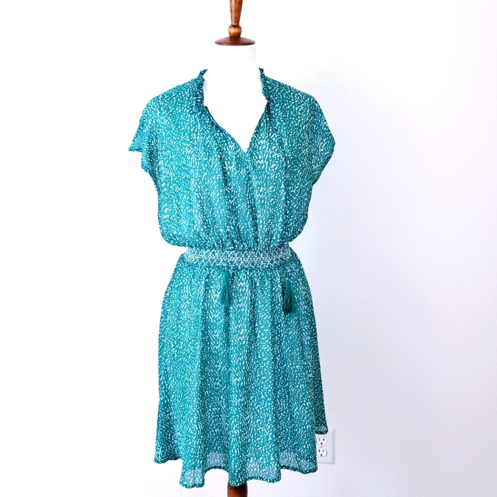 Ophelia Rose Green White Tassel Boho Dress Cinch Elastic Waist Size Large Mini